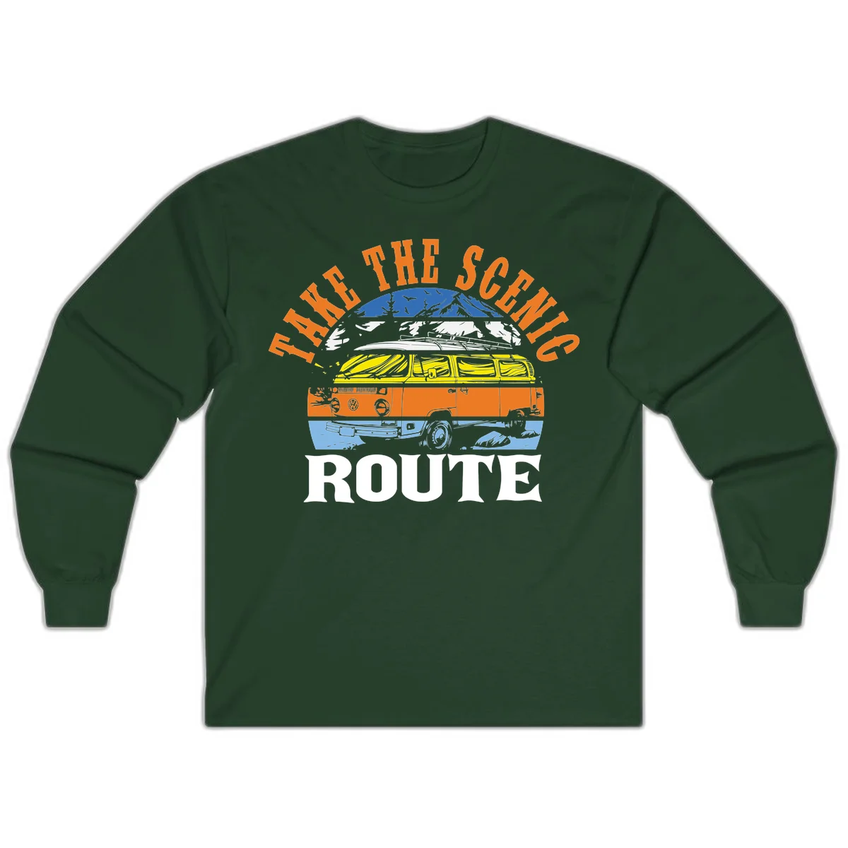 Stacked illustration showing mountain peak, kayak, VW camper bus, and vintage car with 'Hike The Seven Route' text for adventure travel apparel. in Forest Green