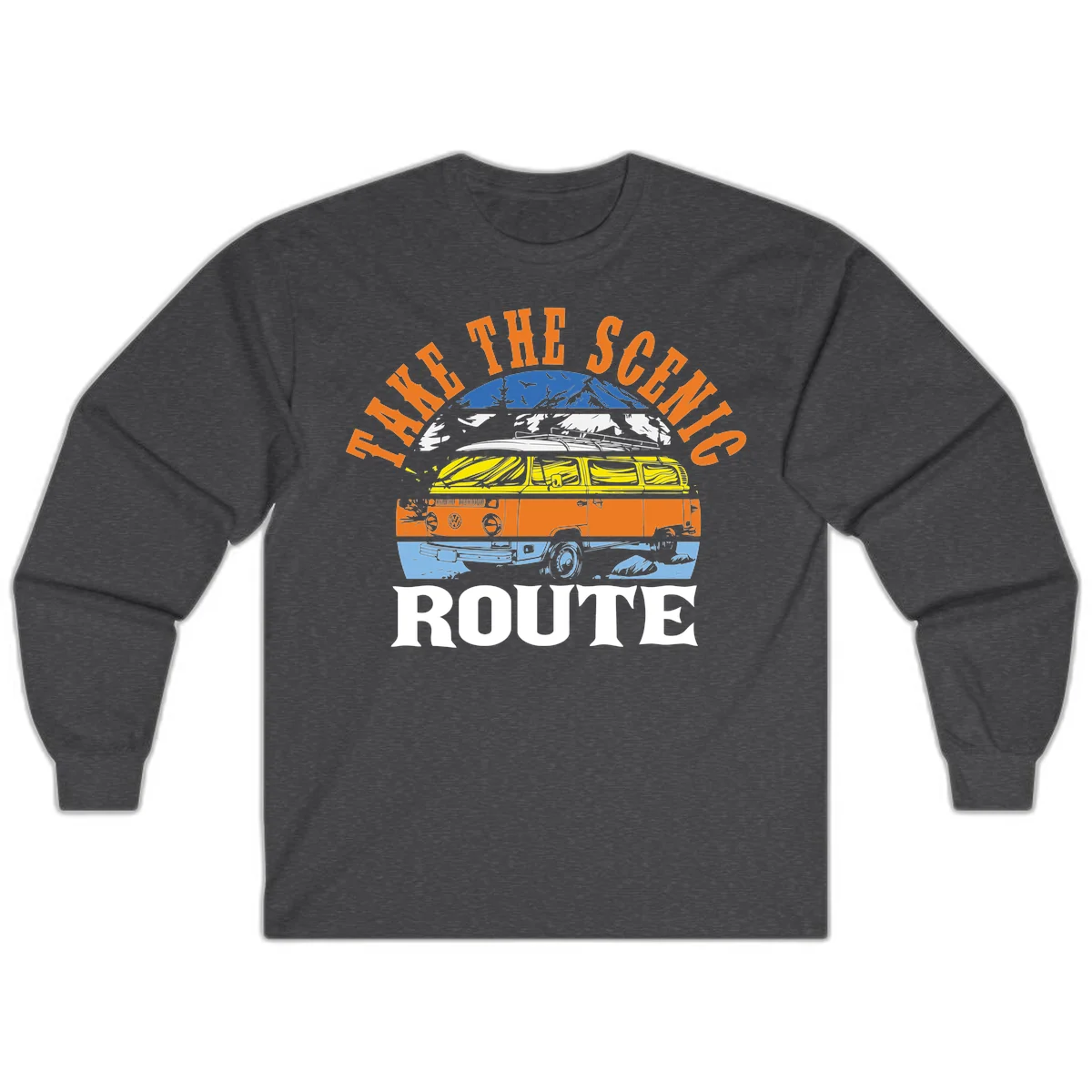 Stacked illustration showing mountain peak, kayak, VW camper bus, and vintage car with 'Hike The Seven Route' text for adventure travel apparel. in Dark Heather