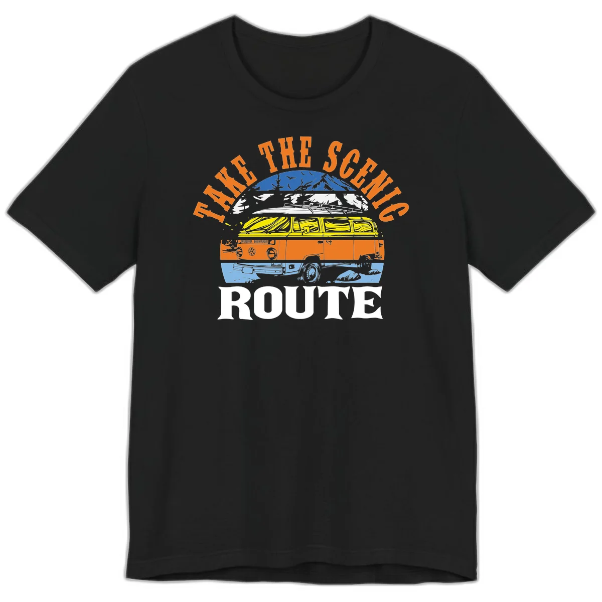 Stacked illustration showing mountain peak, kayak, VW camper bus, and vintage car with 'Hike The Seven Route' text for adventure travel apparel. in Black