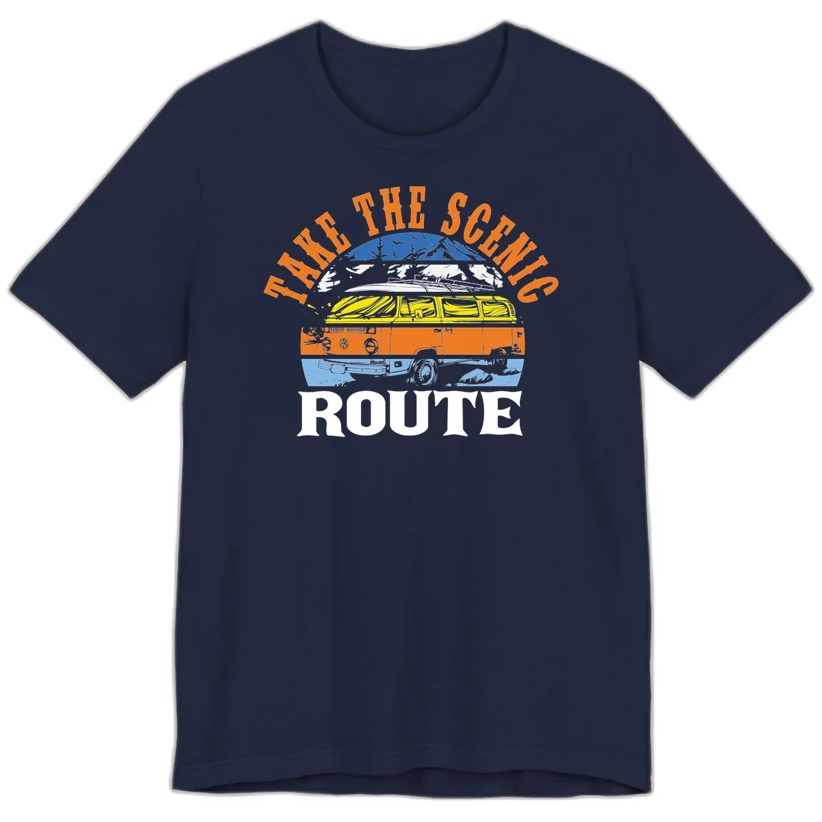 Stacked illustration showing mountain peak, kayak, VW camper bus, and vintage car with 'Hike The Seven Route' text for adventure travel apparel. in Navy