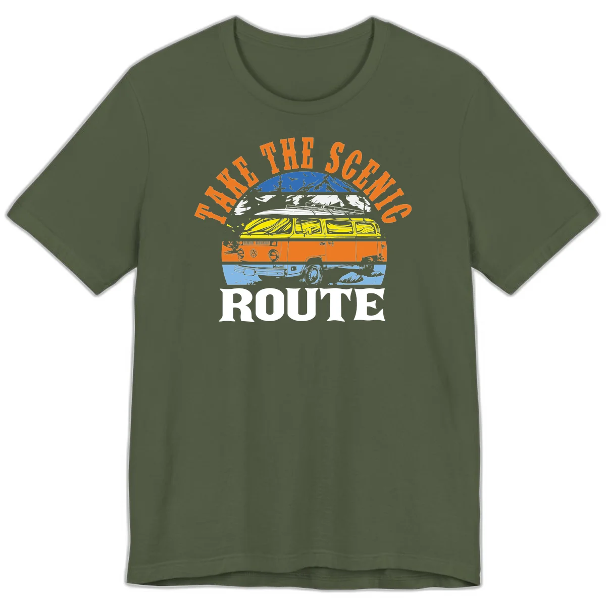 Stacked illustration showing mountain peak, kayak, VW camper bus, and vintage car with 'Hike The Seven Route' text for adventure travel apparel. in Military Green