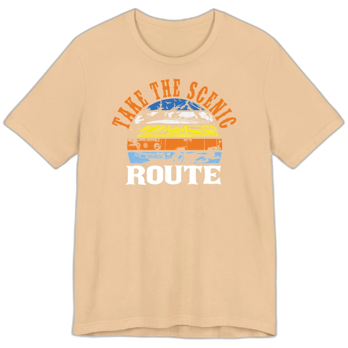 Stacked illustration showing mountain peak, kayak, VW camper bus, and vintage car with 'Hike The Seven Route' text for adventure travel apparel. in Sand Dune