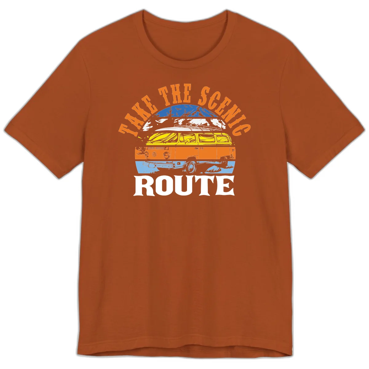Stacked illustration showing mountain peak, kayak, VW camper bus, and vintage car with 'Hike The Seven Route' text for adventure travel apparel. in Autumn