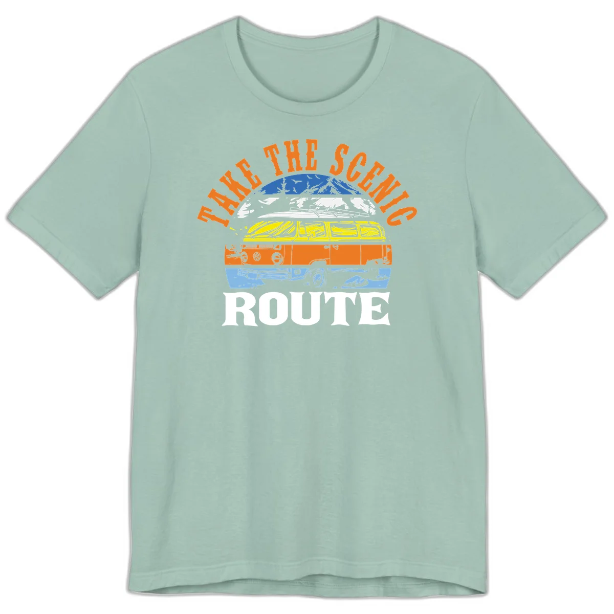 Stacked illustration showing mountain peak, kayak, VW camper bus, and vintage car with 'Hike The Seven Route' text for adventure travel apparel. in Dusty Blue