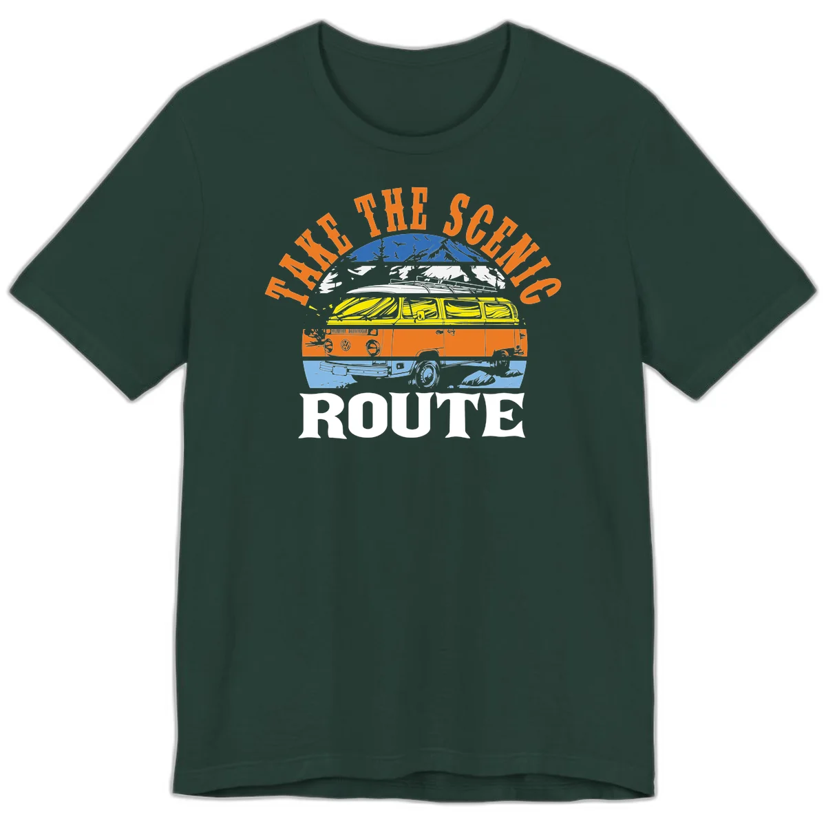 Stacked illustration showing mountain peak, kayak, VW camper bus, and vintage car with 'Hike The Seven Route' text for adventure travel apparel. in Forest