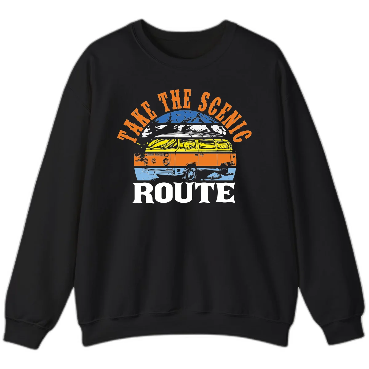 Stacked illustration showing mountain peak, kayak, VW camper bus, and vintage car with 'Hike The Seven Route' text for adventure travel apparel. in Black