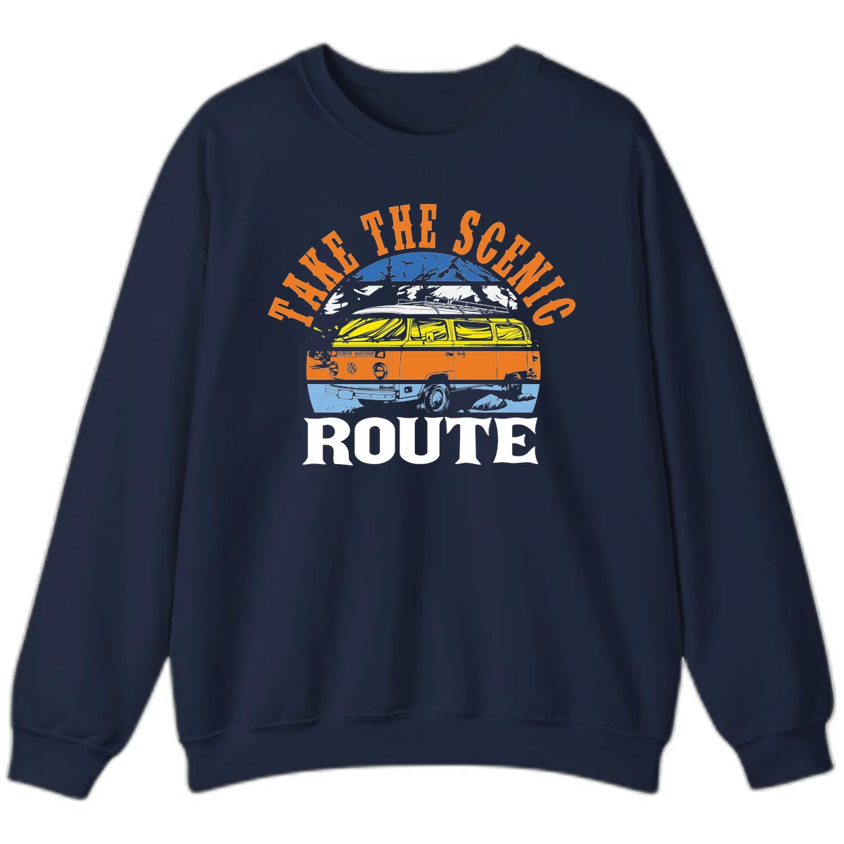 Stacked illustration showing mountain peak, kayak, VW camper bus, and vintage car with 'Hike The Seven Route' text for adventure travel apparel. in Navy