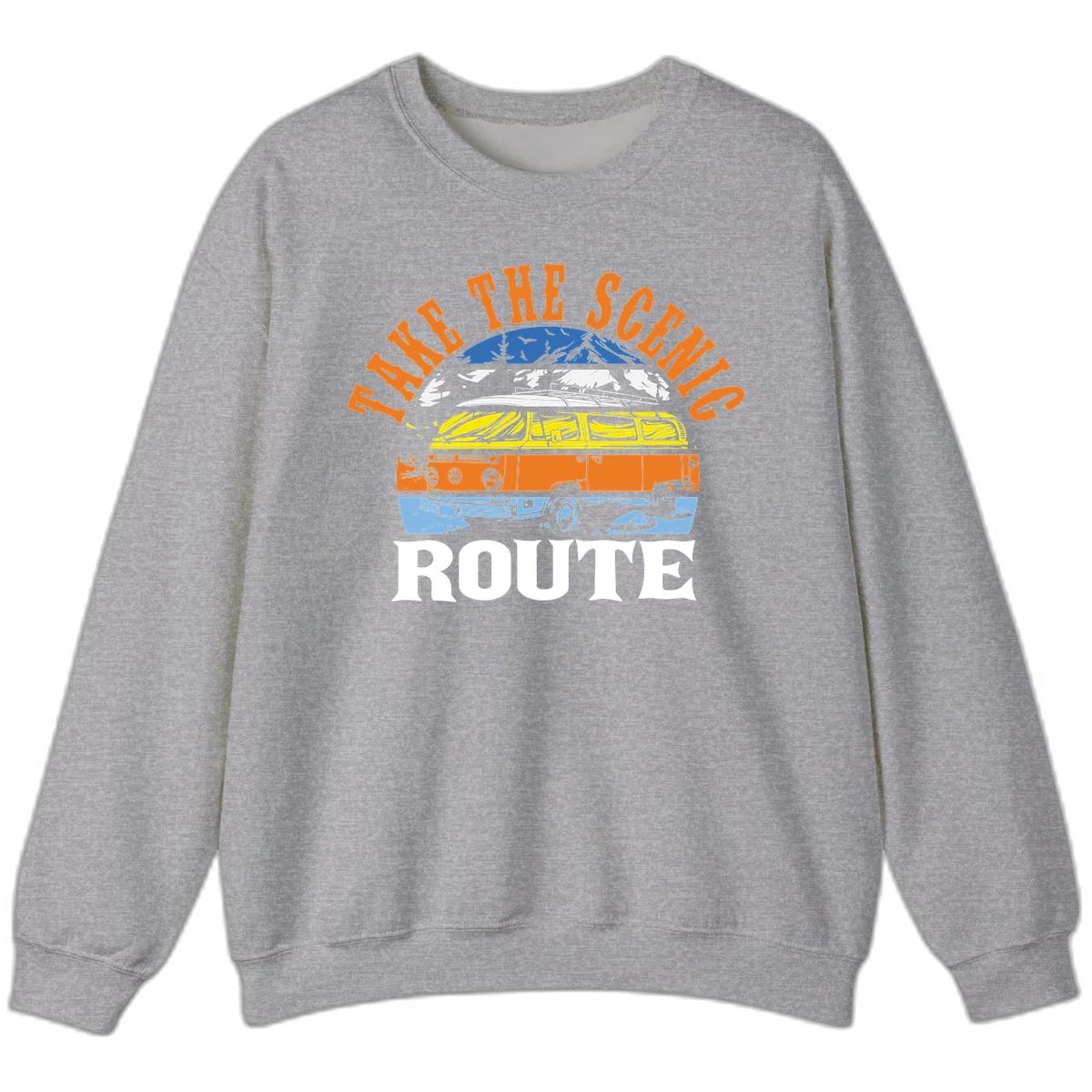 Stacked illustration showing mountain peak, kayak, VW camper bus, and vintage car with 'Hike The Seven Route' text for adventure travel apparel. in Sport Grey