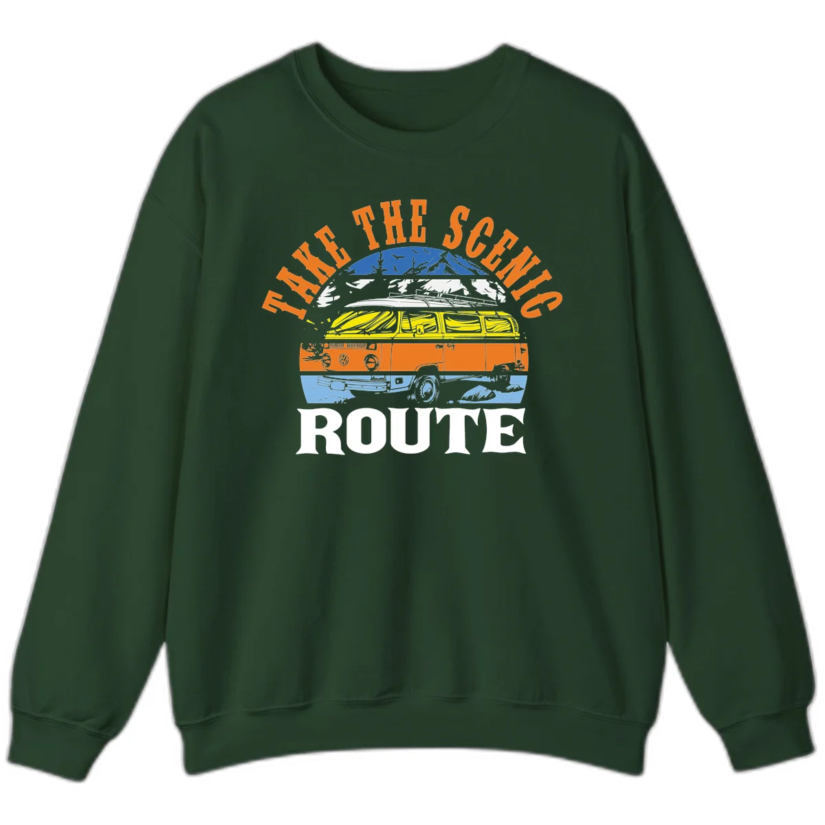 Stacked illustration showing mountain peak, kayak, VW camper bus, and vintage car with 'Hike The Seven Route' text for adventure travel apparel. in Forest Green