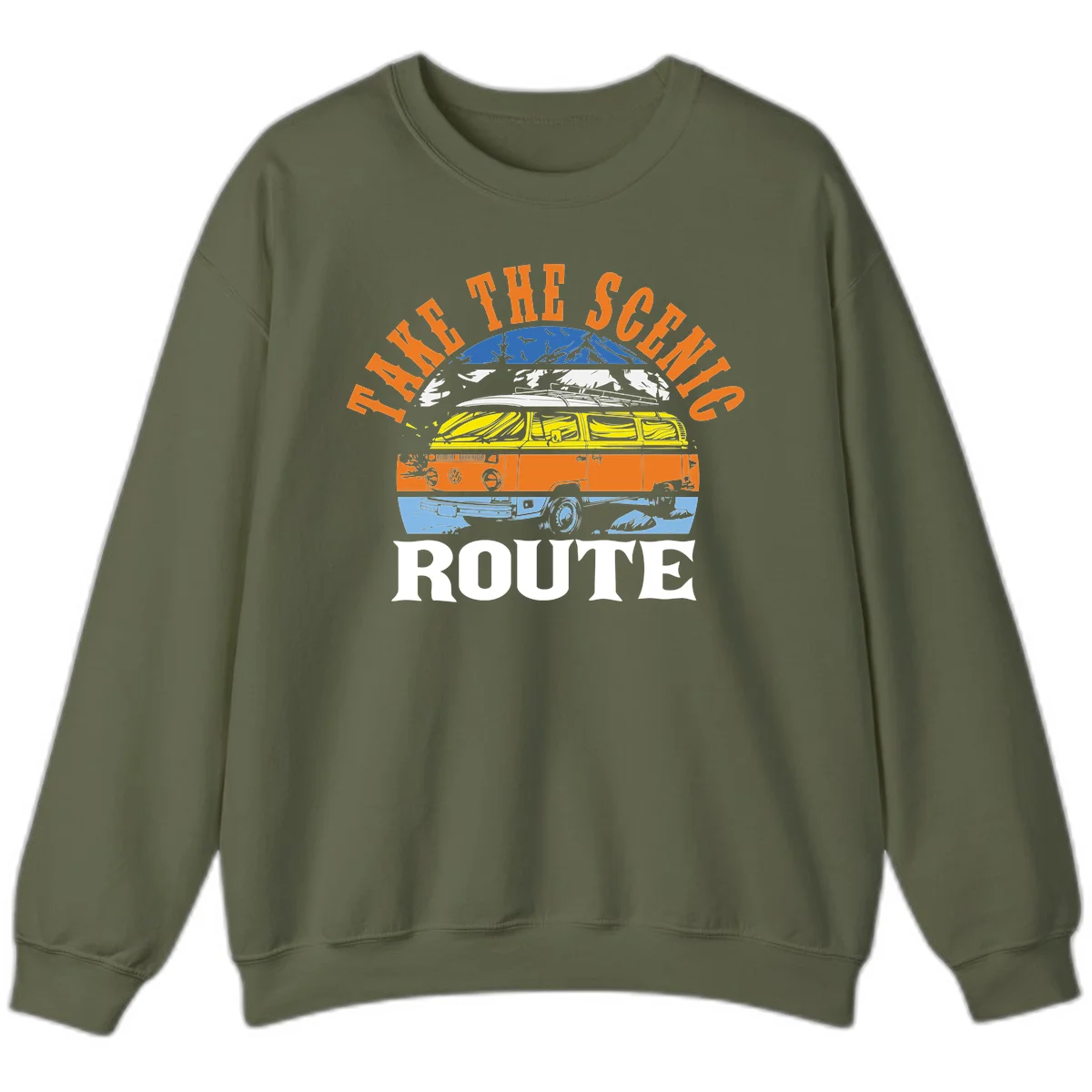 Stacked illustration showing mountain peak, kayak, VW camper bus, and vintage car with 'Hike The Seven Route' text for adventure travel apparel. in Military Green