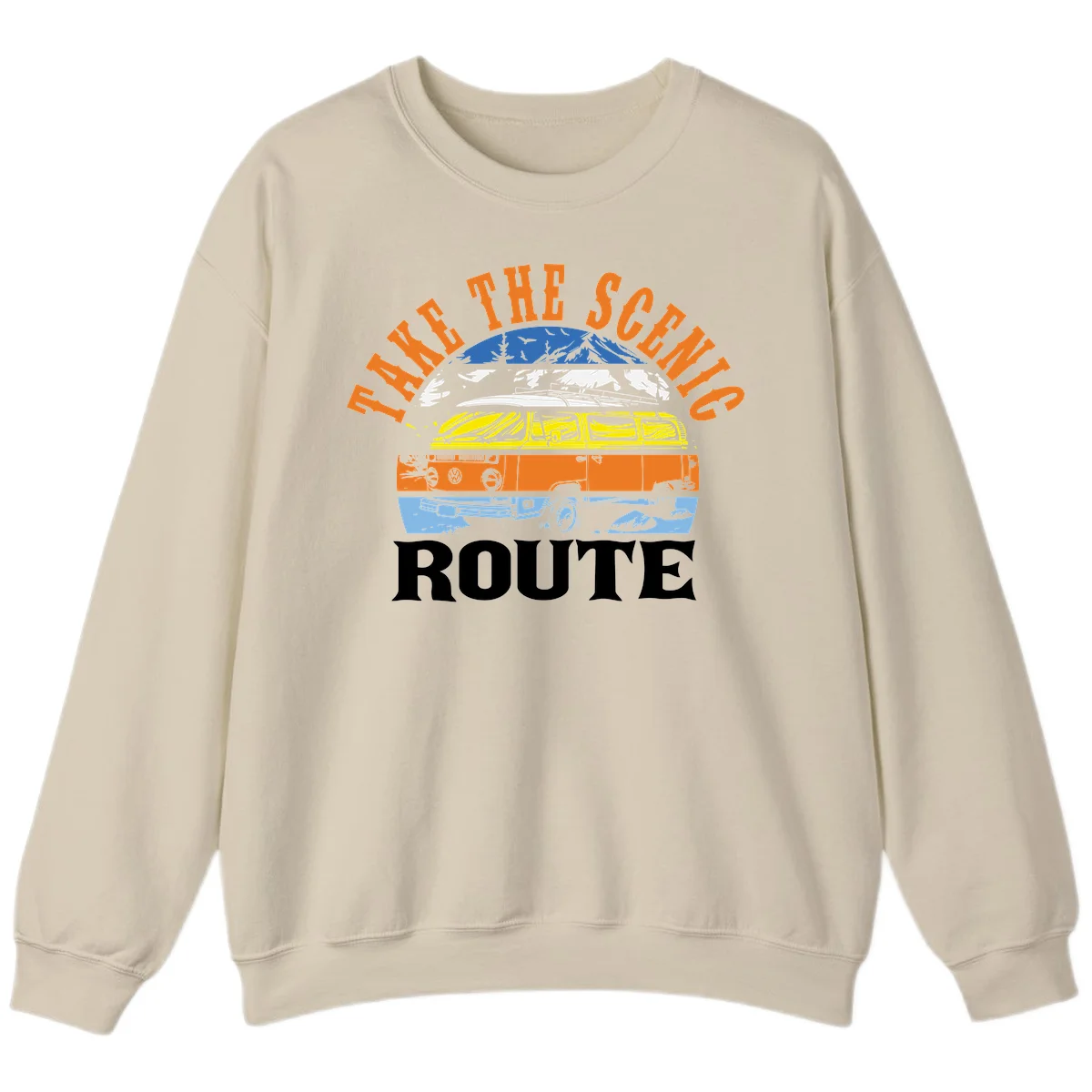 Stacked illustration showing mountain peak, kayak, VW camper bus, and vintage car with 'Hike The Seven Route' text for adventure travel apparel. in Sand