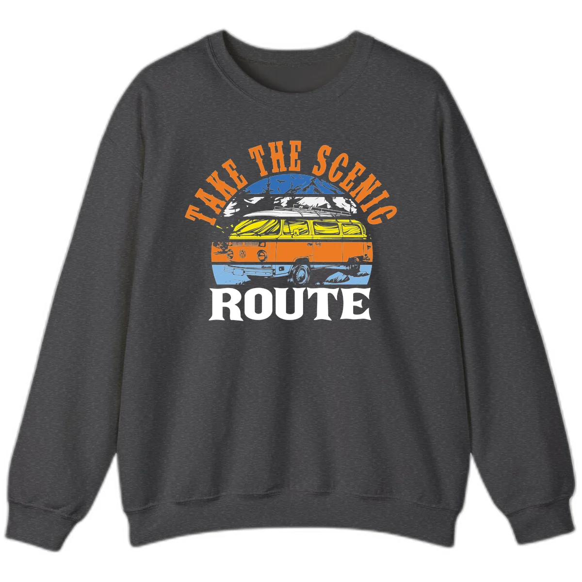 Stacked illustration showing mountain peak, kayak, VW camper bus, and vintage car with 'Hike The Seven Route' text for adventure travel apparel. in Dark Heather