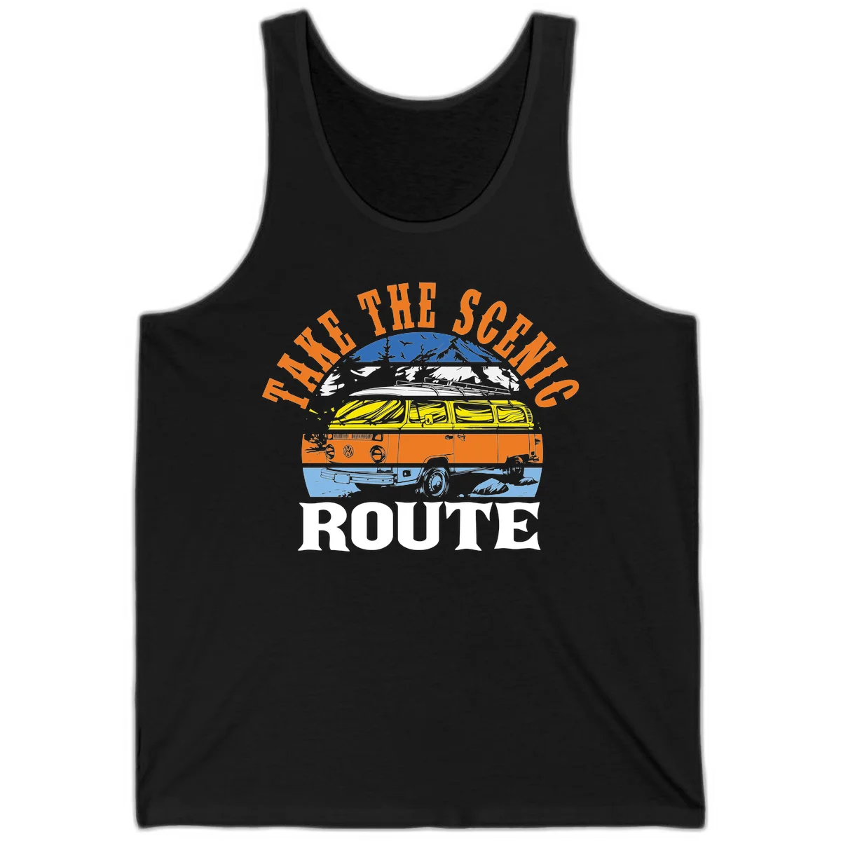 Stacked illustration showing mountain peak, kayak, VW camper bus, and vintage car with 'Hike The Seven Route' text for adventure travel apparel. in Black