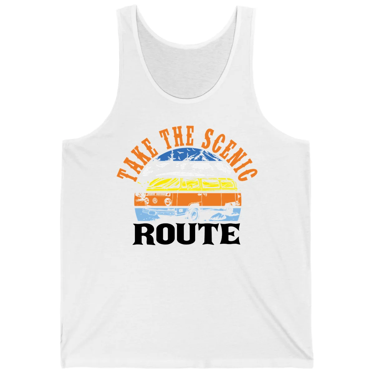 Stacked illustration showing mountain peak, kayak, VW camper bus, and vintage car with 'Hike The Seven Route' text for adventure travel apparel. in White