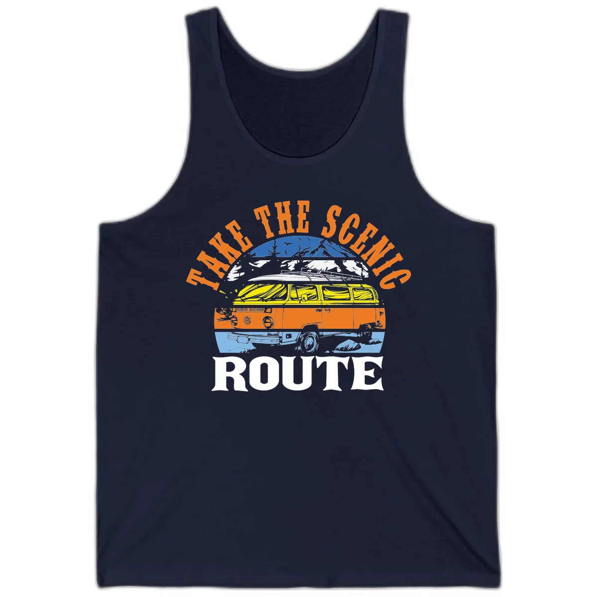 Stacked illustration showing mountain peak, kayak, VW camper bus, and vintage car with 'Hike The Seven Route' text for adventure travel apparel. in Navy
