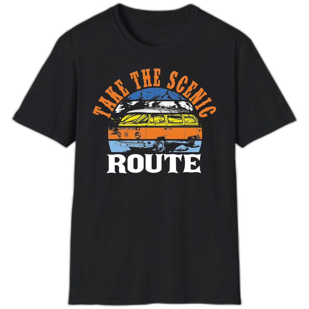 Stacked illustration showing mountain peak, kayak, VW camper bus, and vintage car with 'Hike The Seven Route' text for adventure travel apparel. in Black