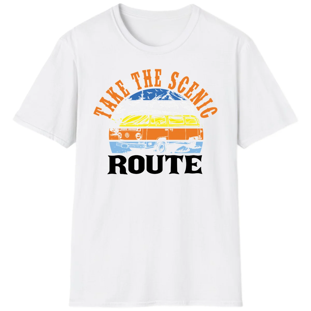 Stacked illustration showing mountain peak, kayak, VW camper bus, and vintage car with 'Hike The Seven Route' text for adventure travel apparel. in White