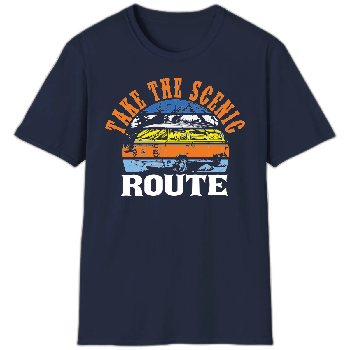 Stacked illustration showing mountain peak, kayak, VW camper bus, and vintage car with 'Hike The Seven Route' text for adventure travel apparel. in Navy