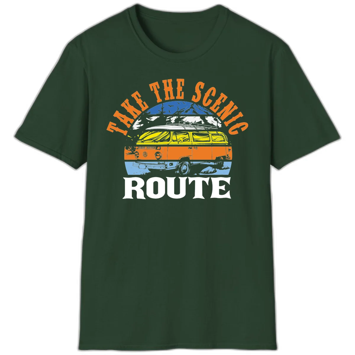 Stacked illustration showing mountain peak, kayak, VW camper bus, and vintage car with 'Hike The Seven Route' text for adventure travel apparel. in Forest Green