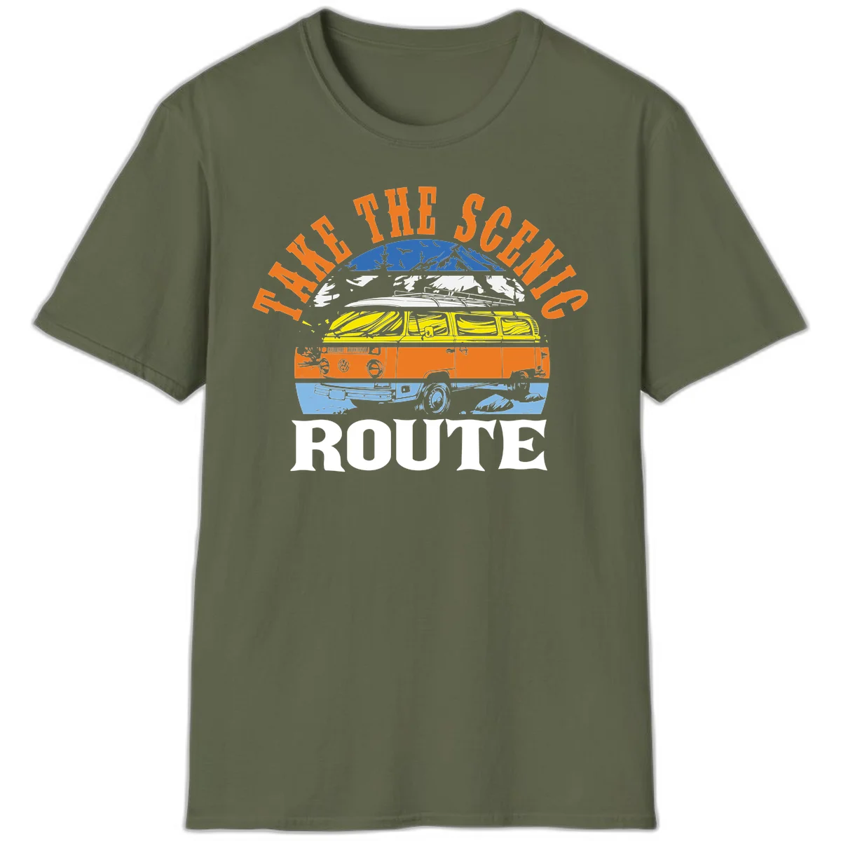 Stacked illustration showing mountain peak, kayak, VW camper bus, and vintage car with 'Hike The Seven Route' text for adventure travel apparel. in Military Green