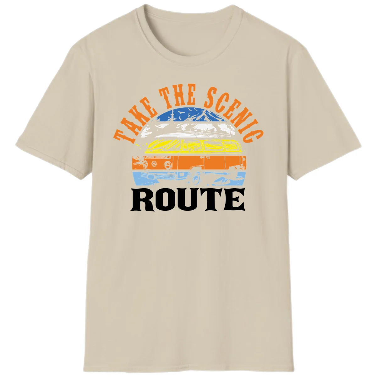 Stacked illustration showing mountain peak, kayak, VW camper bus, and vintage car with 'Hike The Seven Route' text for adventure travel apparel. in Sand