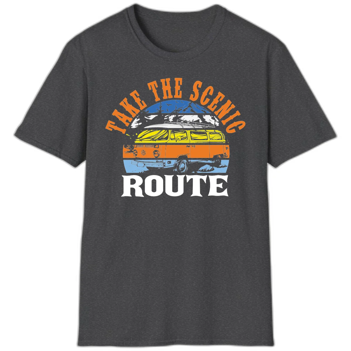 Stacked illustration showing mountain peak, kayak, VW camper bus, and vintage car with 'Hike The Seven Route' text for adventure travel apparel. in Dark Heather