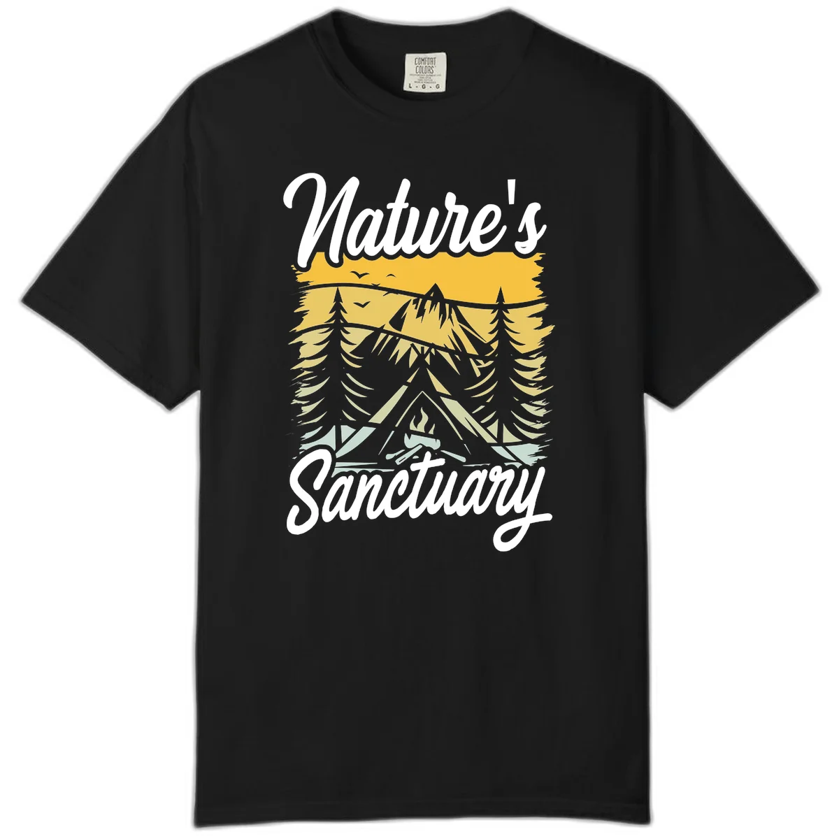 Nature sanctuary camping design with layered mountains, evergreen trees, campfire and tent under golden sky with white script text in Black