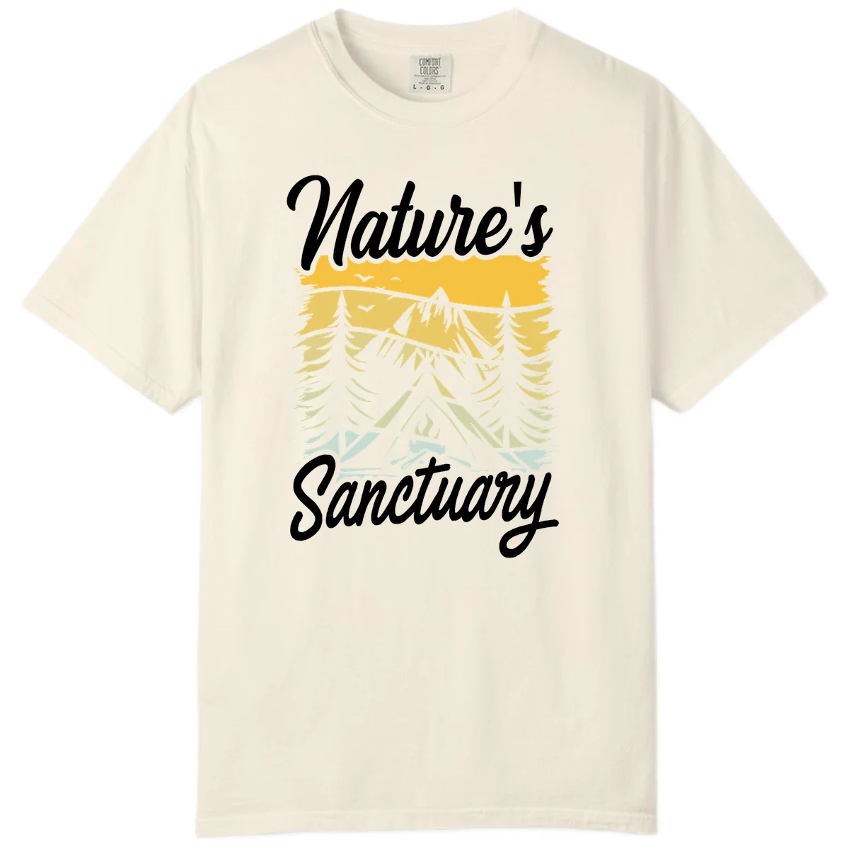 Nature sanctuary camping design with layered mountains, evergreen trees, campfire and tent under golden sky with white script text in Ivory