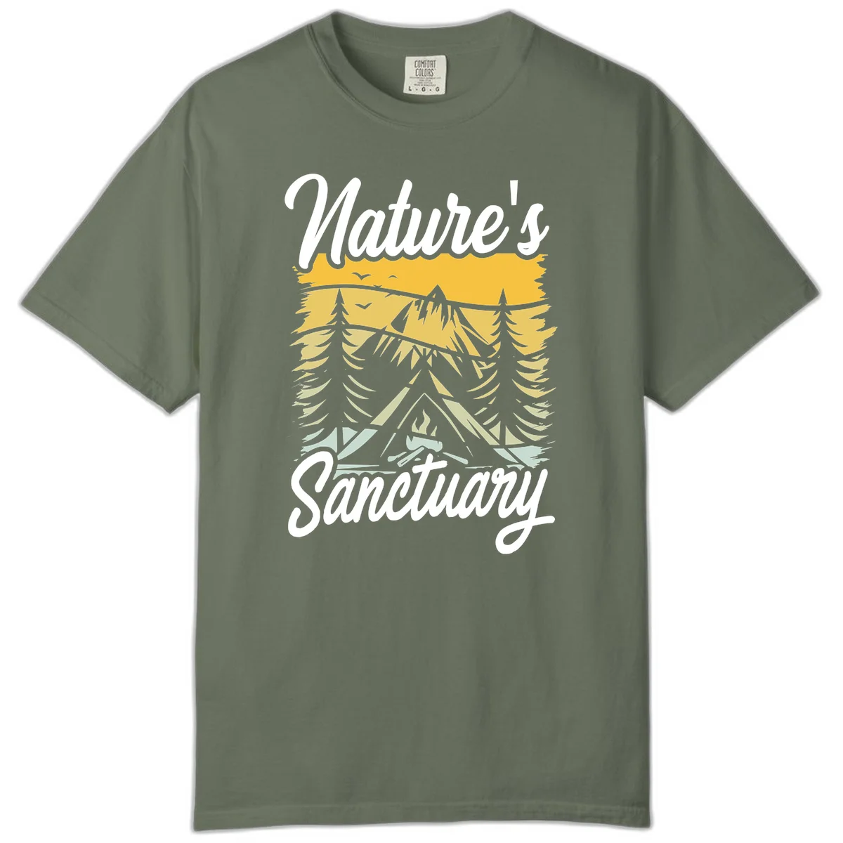 Nature sanctuary camping design with layered mountains, evergreen trees, campfire and tent under golden sky with white script text in Moss
