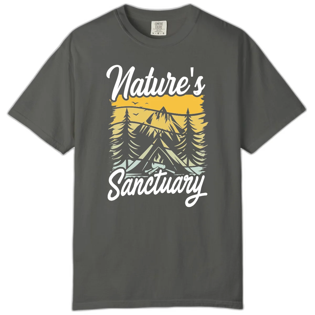 Nature sanctuary camping design with layered mountains, evergreen trees, campfire and tent under golden sky with white script text in Pepper