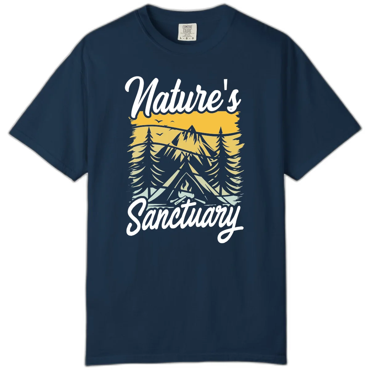 Nature sanctuary camping design with layered mountains, evergreen trees, campfire and tent under golden sky with white script text in True Navy