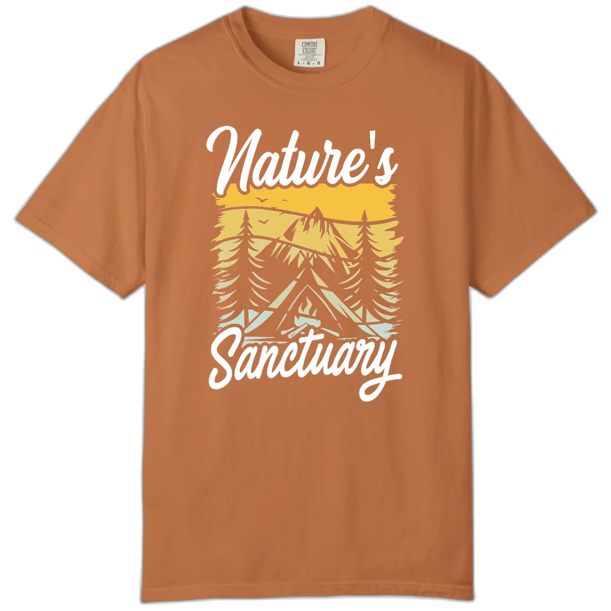 Nature sanctuary camping design with layered mountains, evergreen trees, campfire and tent under golden sky with white script text in Yam