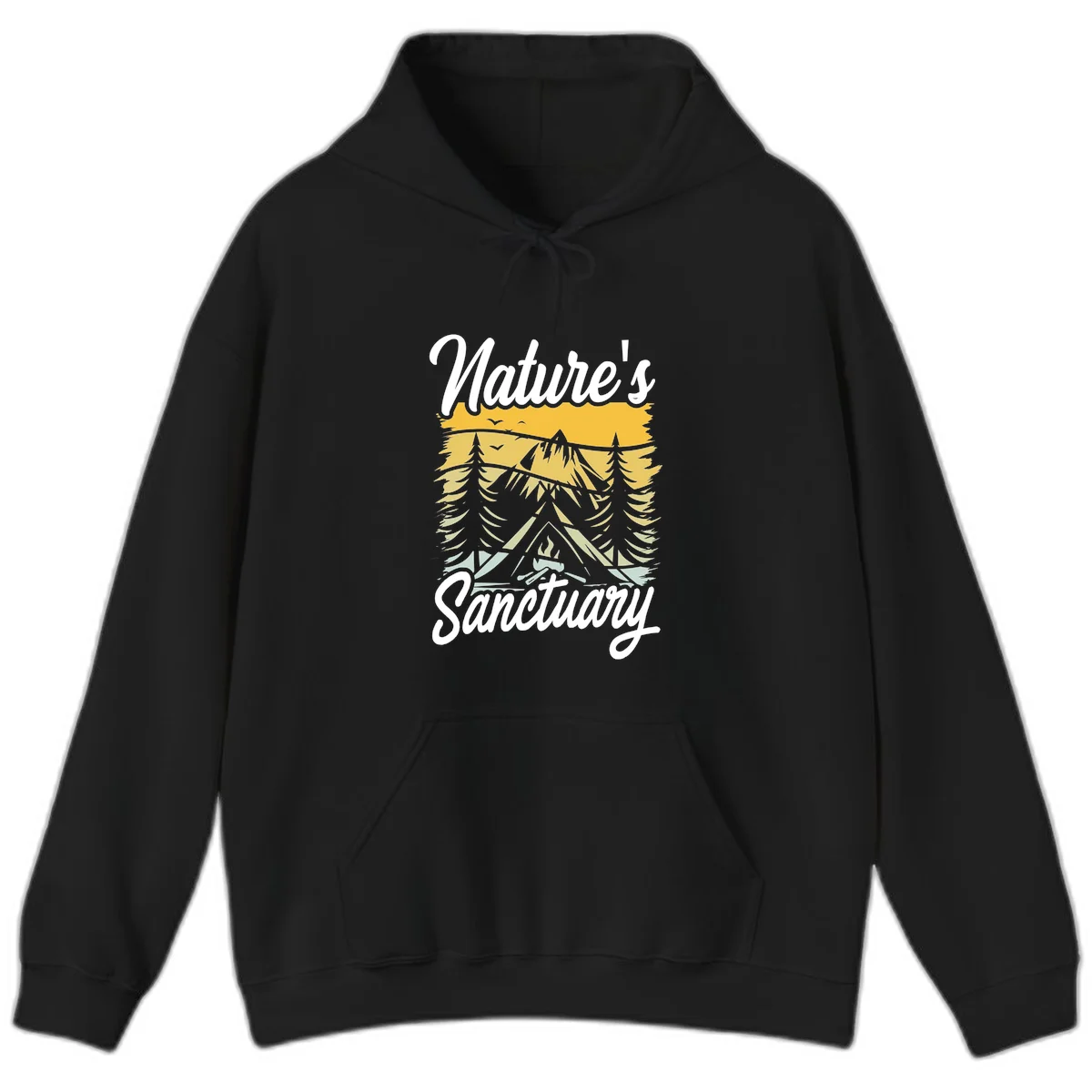 Nature sanctuary camping design with layered mountains, evergreen trees, campfire and tent under golden sky with white script text in Black