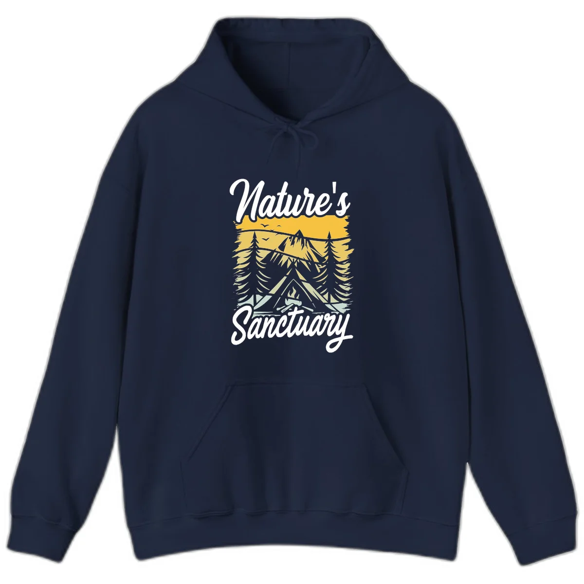 Nature sanctuary camping design with layered mountains, evergreen trees, campfire and tent under golden sky with white script text in Navy