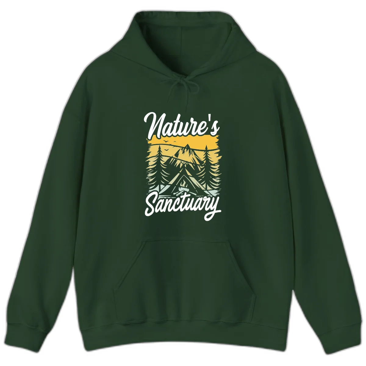 Nature sanctuary camping design with layered mountains, evergreen trees, campfire and tent under golden sky with white script text in Forest Green