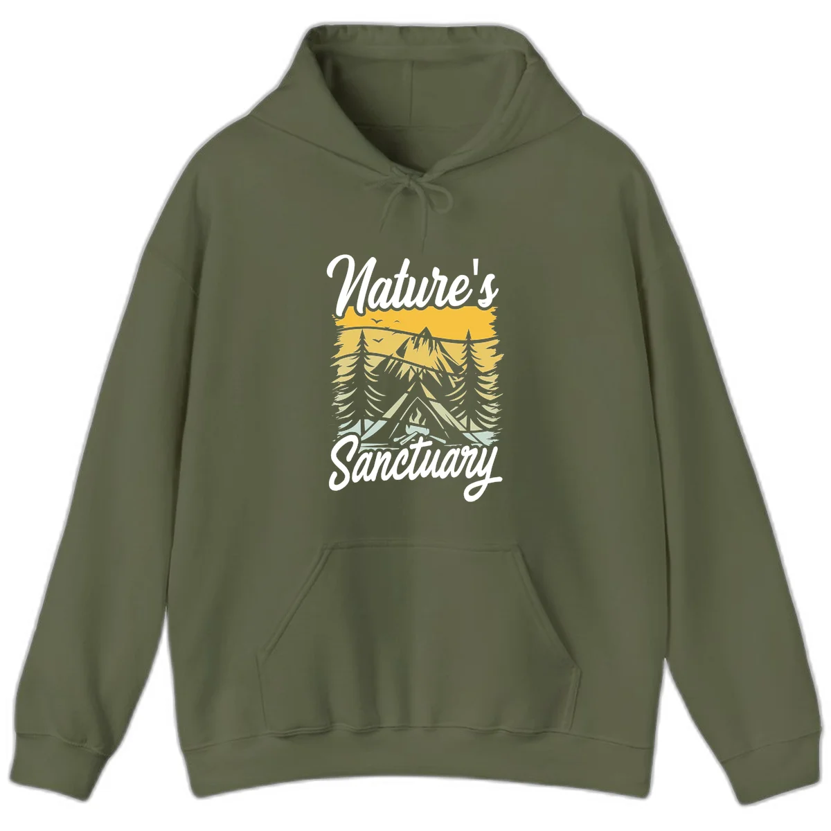 Nature sanctuary camping design with layered mountains, evergreen trees, campfire and tent under golden sky with white script text in Military Green
