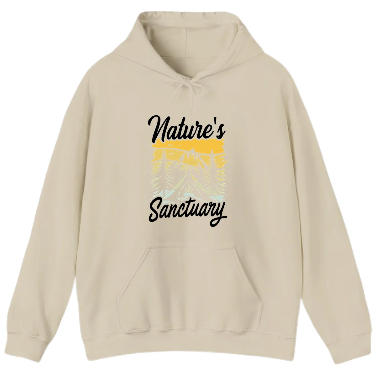 Nature sanctuary camping design with layered mountains, evergreen trees, campfire and tent under golden sky with white script text in Sand