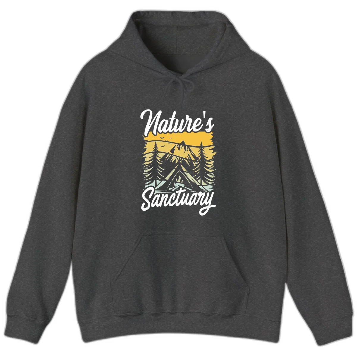 Nature sanctuary camping design with layered mountains, evergreen trees, campfire and tent under golden sky with white script text in Dark Heather