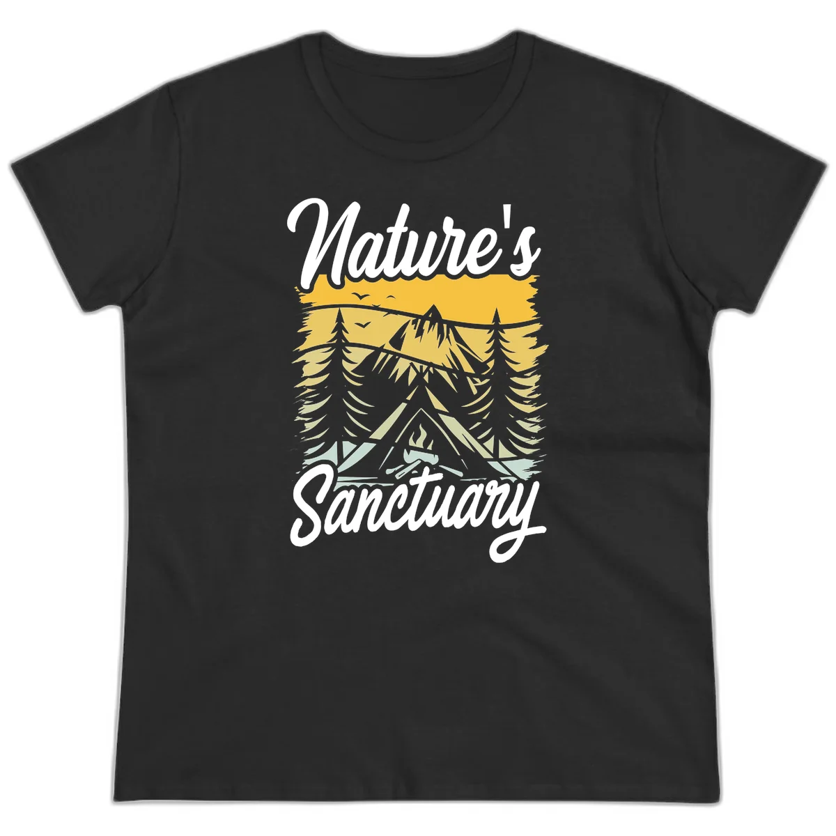 Nature sanctuary camping design with layered mountains, evergreen trees, campfire and tent under golden sky with white script text in Black