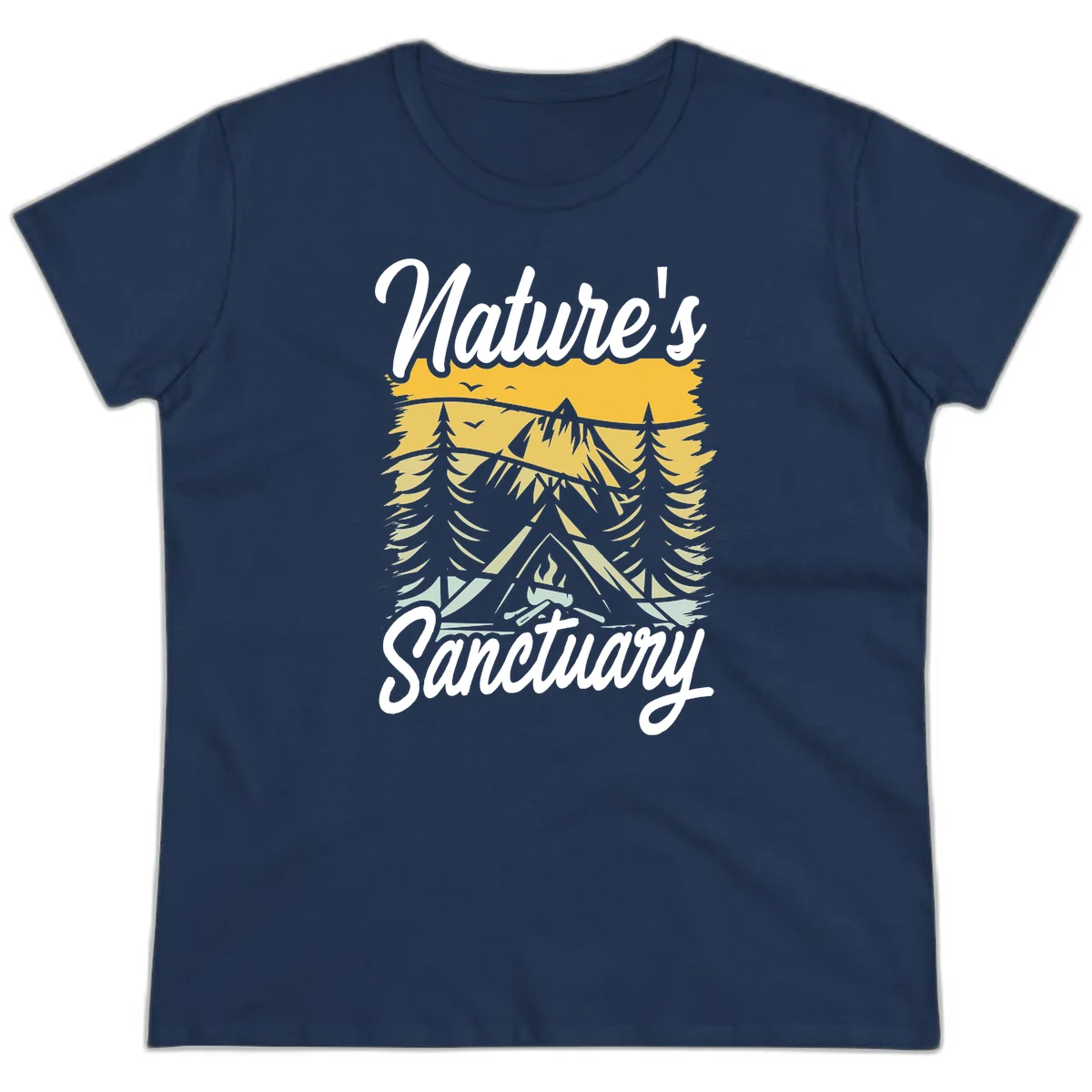 Nature sanctuary camping design with layered mountains, evergreen trees, campfire and tent under golden sky with white script text in Navy