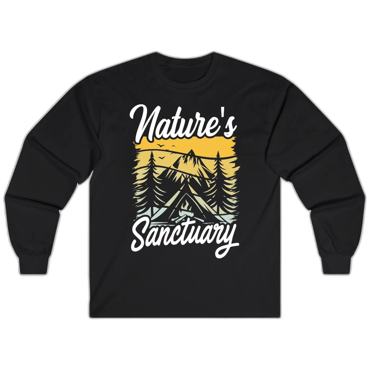 Nature sanctuary camping design with layered mountains, evergreen trees, campfire and tent under golden sky with white script text in Black
