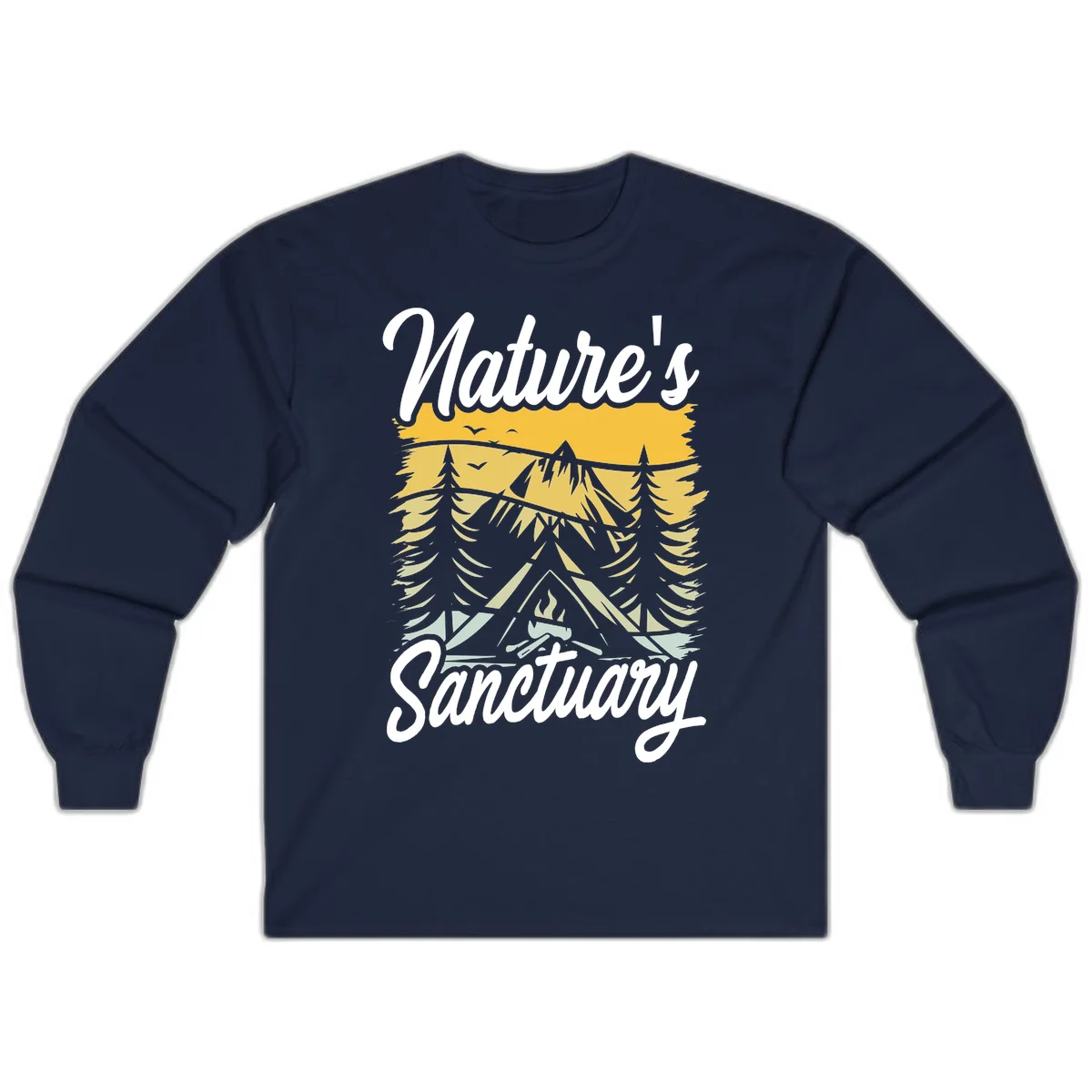 Nature sanctuary camping design with layered mountains, evergreen trees, campfire and tent under golden sky with white script text in Navy