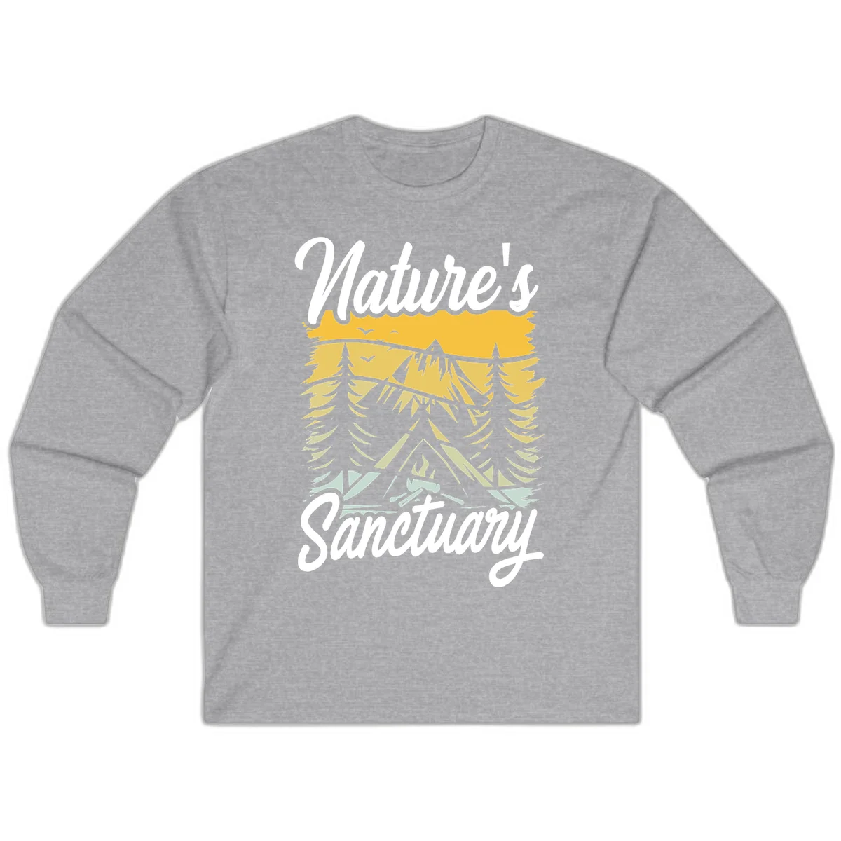 Nature sanctuary camping design with layered mountains, evergreen trees, campfire and tent under golden sky with white script text in Sport Grey