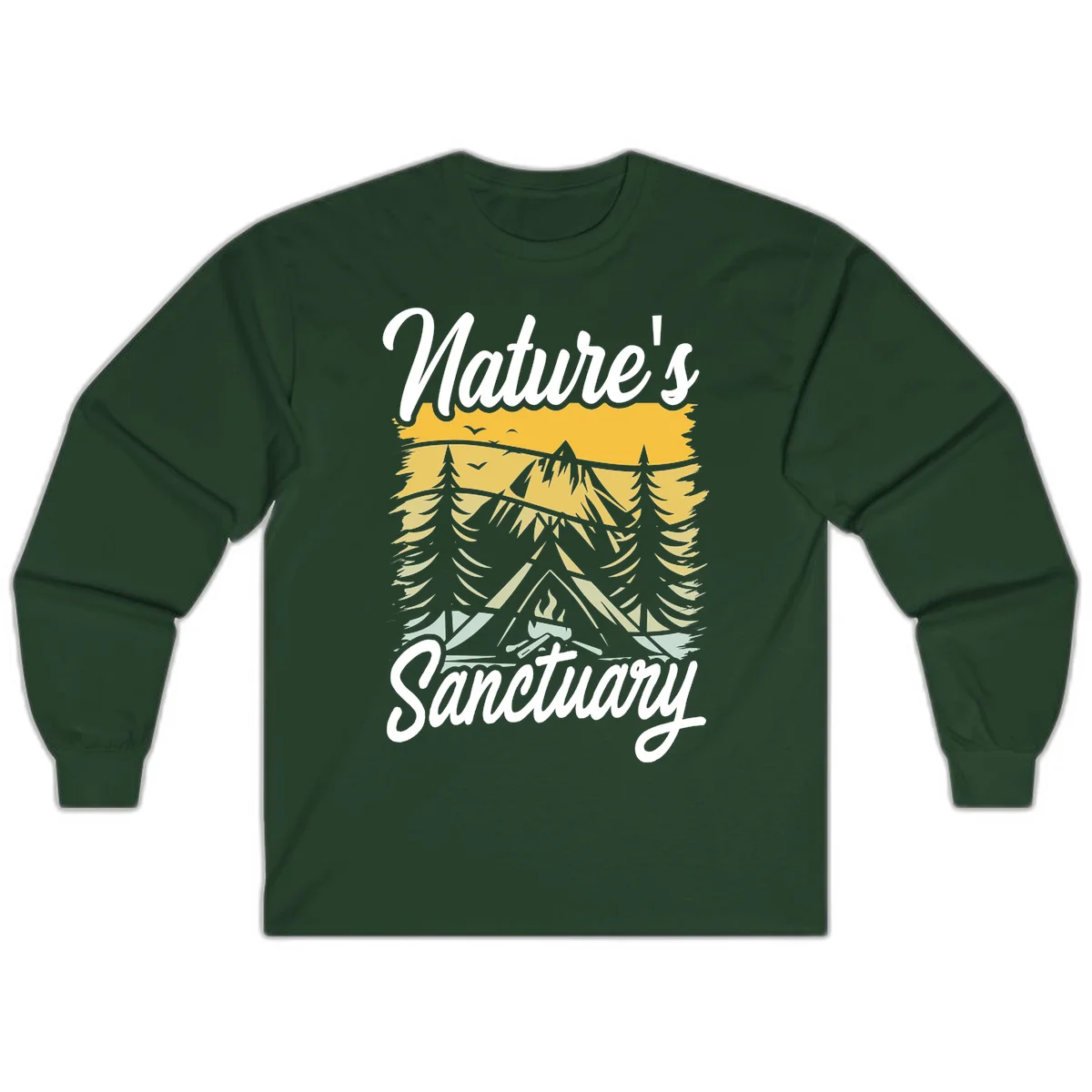 Nature sanctuary camping design with layered mountains, evergreen trees, campfire and tent under golden sky with white script text in Forest Green