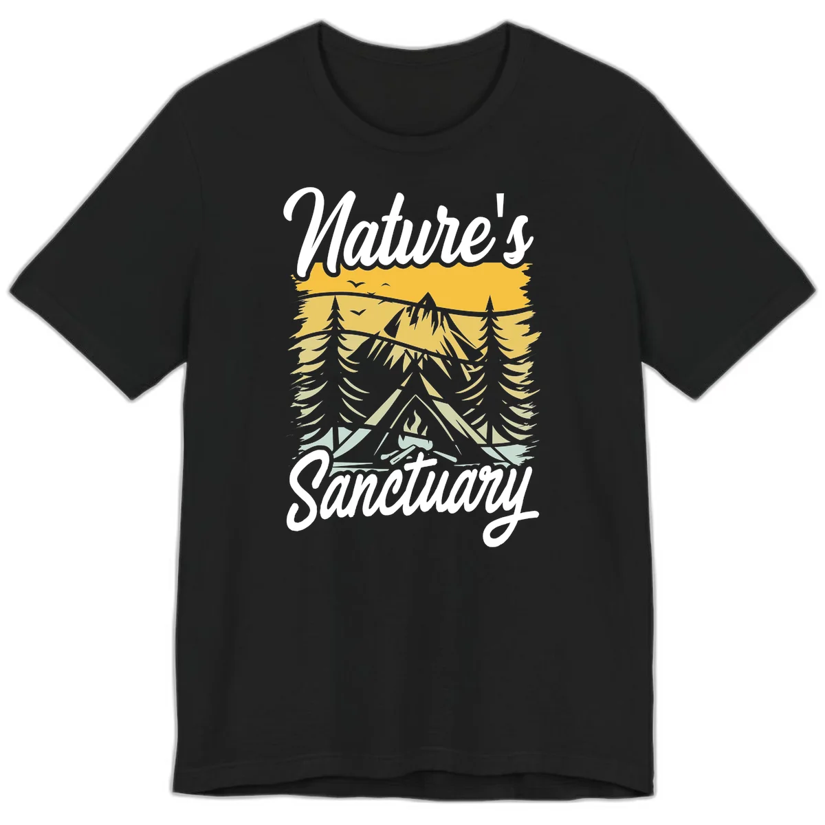 Nature sanctuary camping design with layered mountains, evergreen trees, campfire and tent under golden sky with white script text in Black