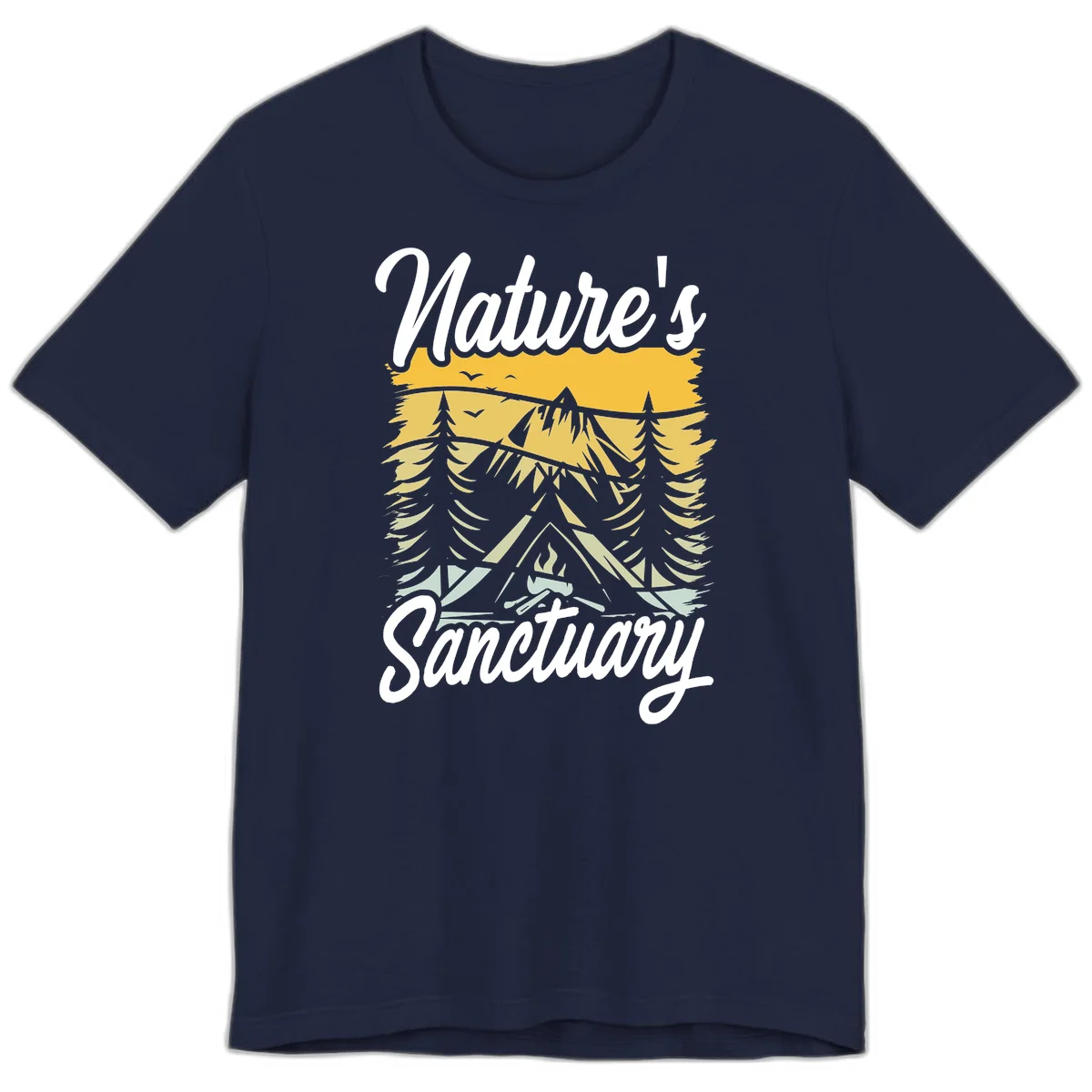 Nature sanctuary camping design with layered mountains, evergreen trees, campfire and tent under golden sky with white script text in Navy