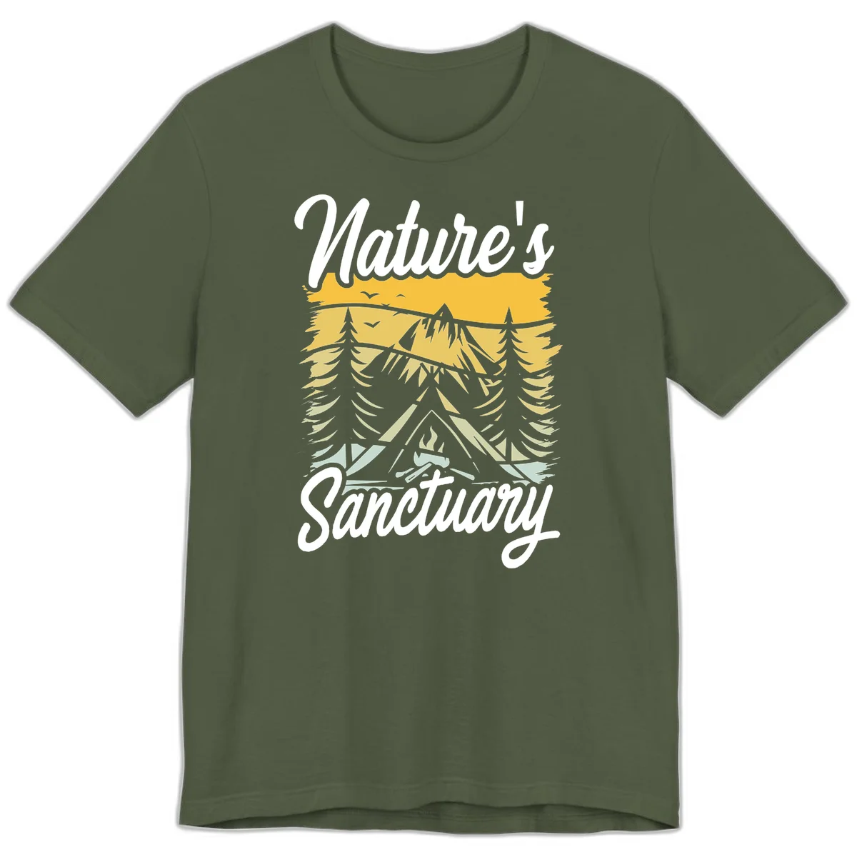 Nature sanctuary camping design with layered mountains, evergreen trees, campfire and tent under golden sky with white script text in Military Green
