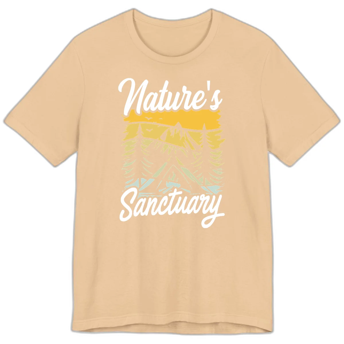 Nature sanctuary camping design with layered mountains, evergreen trees, campfire and tent under golden sky with white script text in Sand Dune