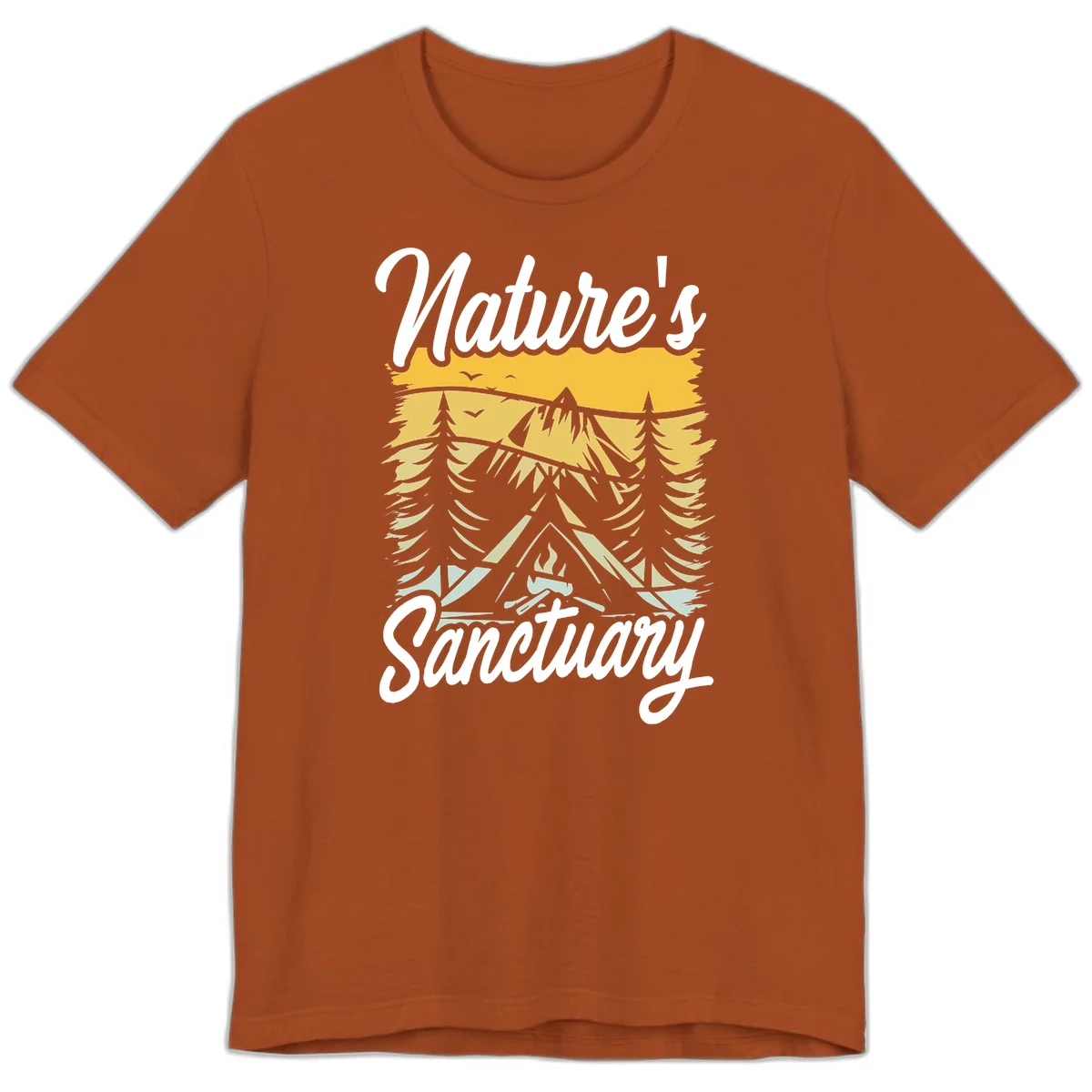 Nature sanctuary camping design with layered mountains, evergreen trees, campfire and tent under golden sky with white script text in Autumn