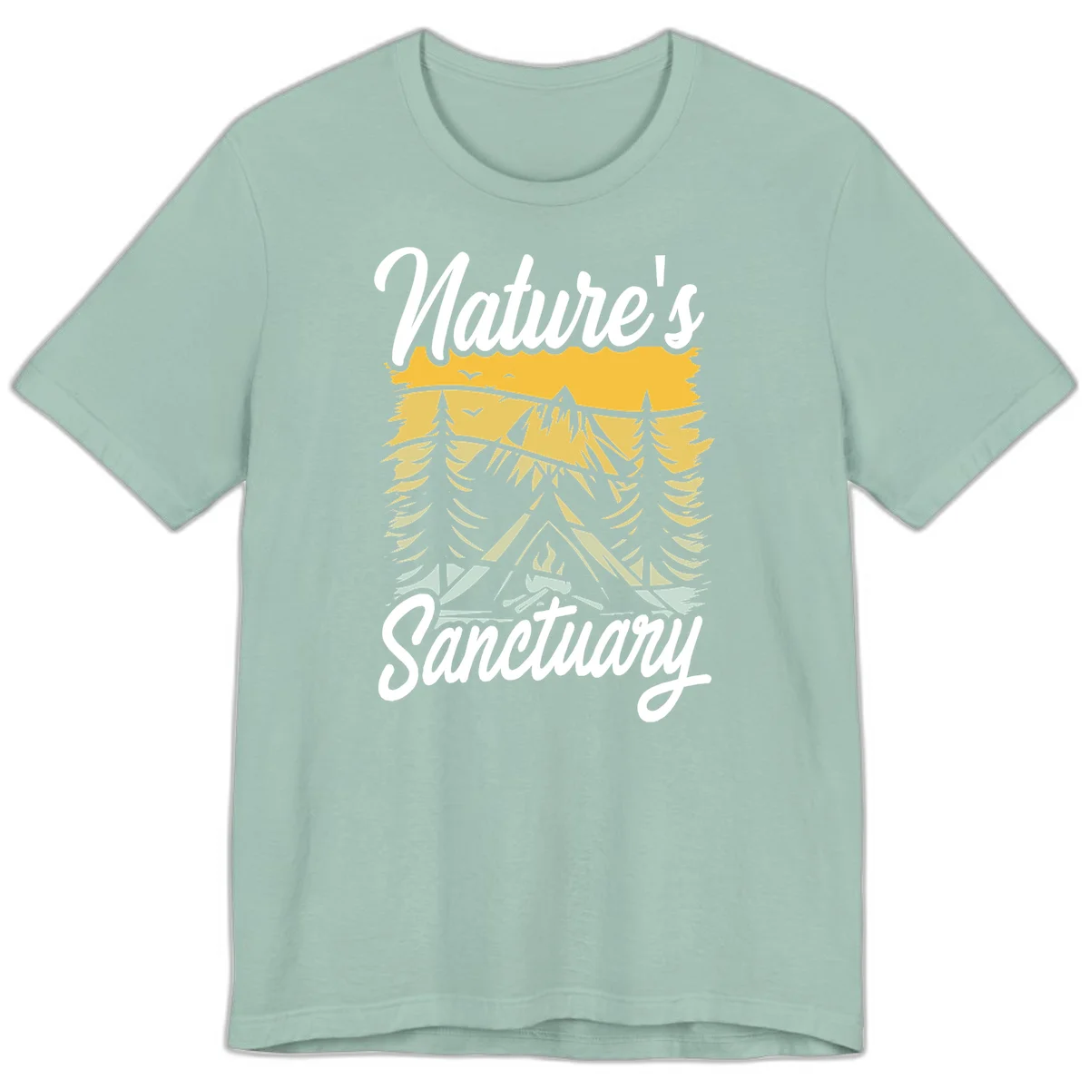 Nature sanctuary camping design with layered mountains, evergreen trees, campfire and tent under golden sky with white script text in Dusty Blue